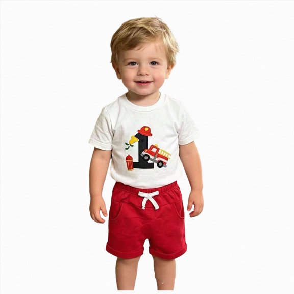 mgoYE Baby Boy First Birthday Outfit Fire Truck Embroidered Short Sleeve T-shirt Solid Shorts Summer 1St Birthday Clothes(White,12-18 Months)
