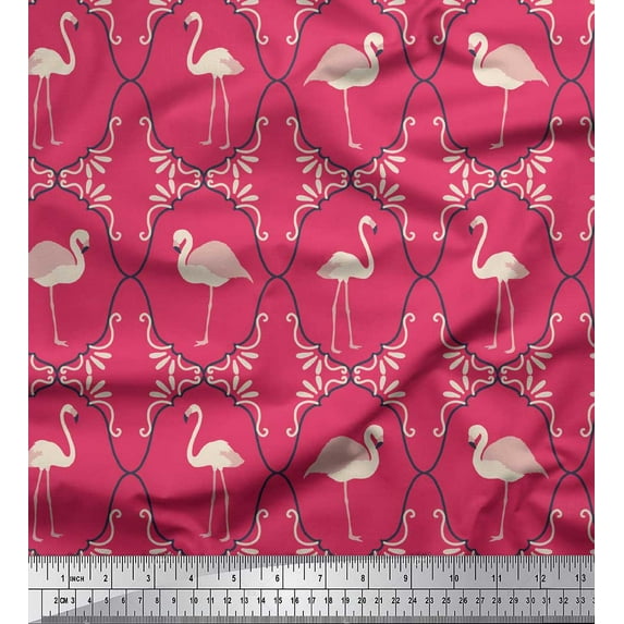 Soimoi Pink Modal Satin Fabric Flamingo & Moroccan Damask Print Fabric by the Yard 42 Inch Wide