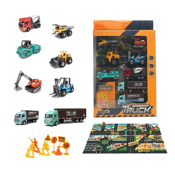 EKIND 8 Pcs Mini Alloy Construction Toy Cars Set for Kids Engineering Car, with Road Signs and Map