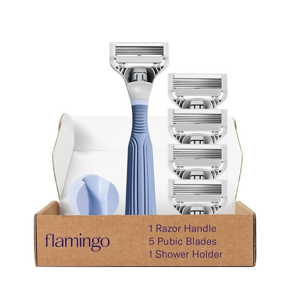 Flamingo Pubic Hair Razor for Women Starter Set, 1 Handle, 4 Pubic Razor Five-Blade Refills, and 1 Shower Holder
