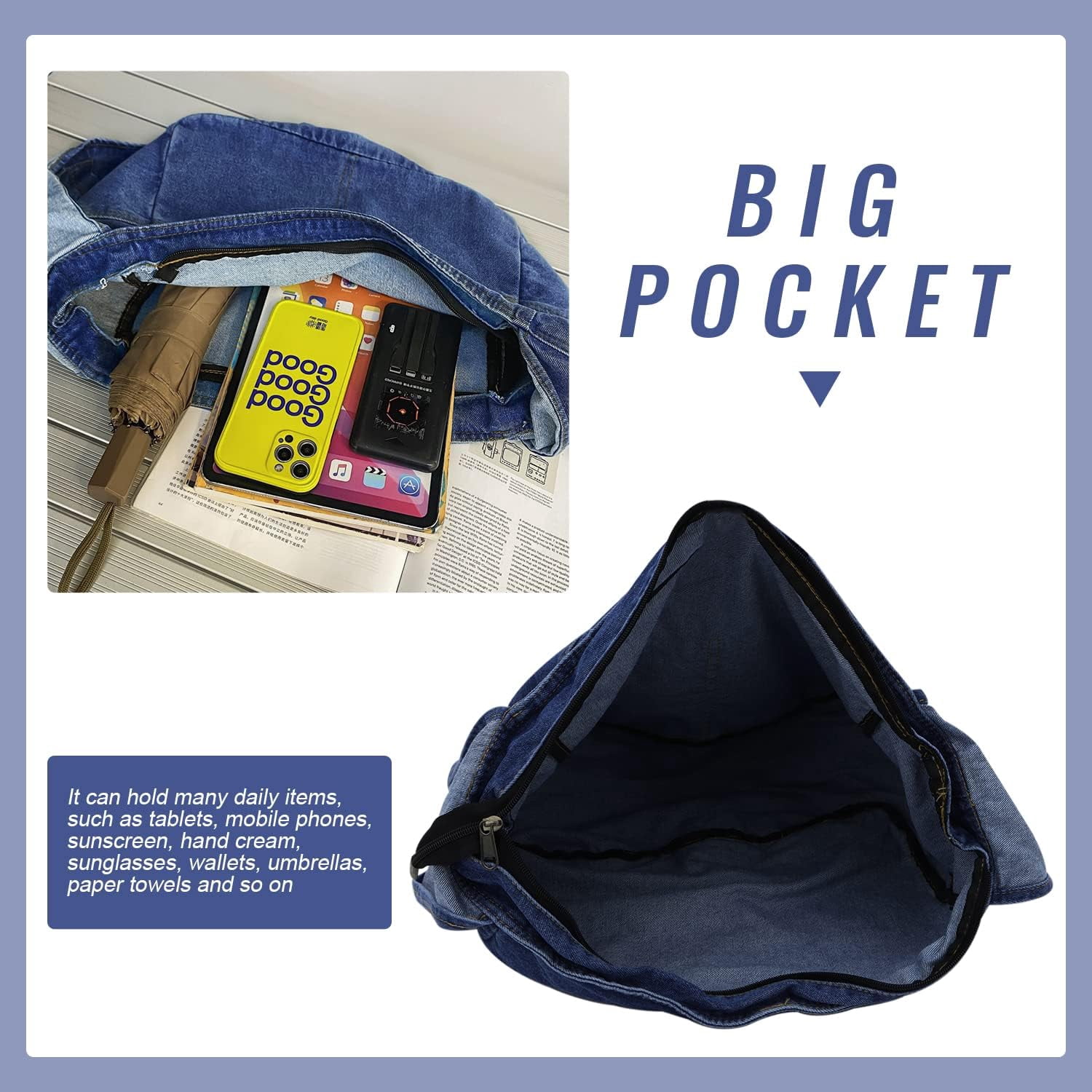 Denim Hobo Bags for Women Retro Jean Shoulder Bag Casual Jean Tote Handbags Vintage Satchel Bags