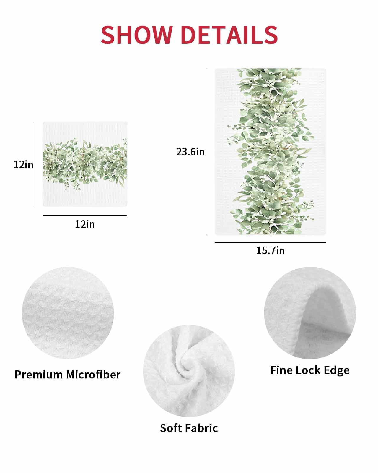 Sage Green Eucalyptus Leaves Hand Towels Set,Waffle Weave Kitchen Towels 3Pcs,Spring Summer Botanical Floral Microfiber Hair Face Bath Tea Towel Absorbent Cleaning Dish Cloths 15.7"x23.6"