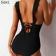 thumbnail image 2 of Traje de baño de una pieza sexy para mujer Traje de baño con volantes y cuello en V con control de barriga Monokini - Negro MFZFUKR BST3005383-3, 2 of 5