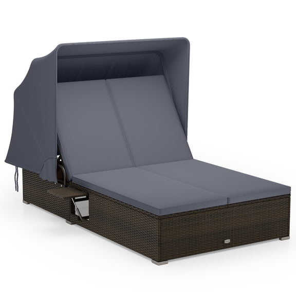 Gymax 2-person Rattan Lounge Bed w/ Retractable Canopy 5-position Adjustable Backrest Gray