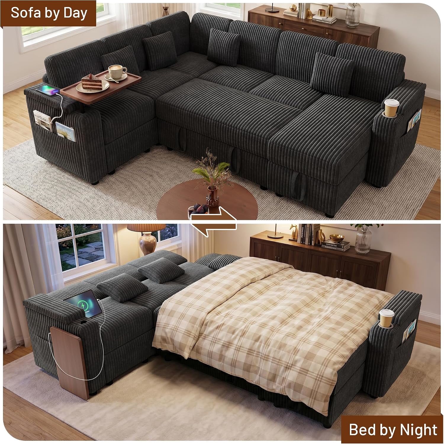 ShiKeyi 100'' Pull-out Sofa With USB ports, Table Board and Cup Holder, Comfortable Soft Cushioned Corduroy Fabric Sofa Bed, Extra-large U-shaped Combination Storage sofa bed, Dark Gray