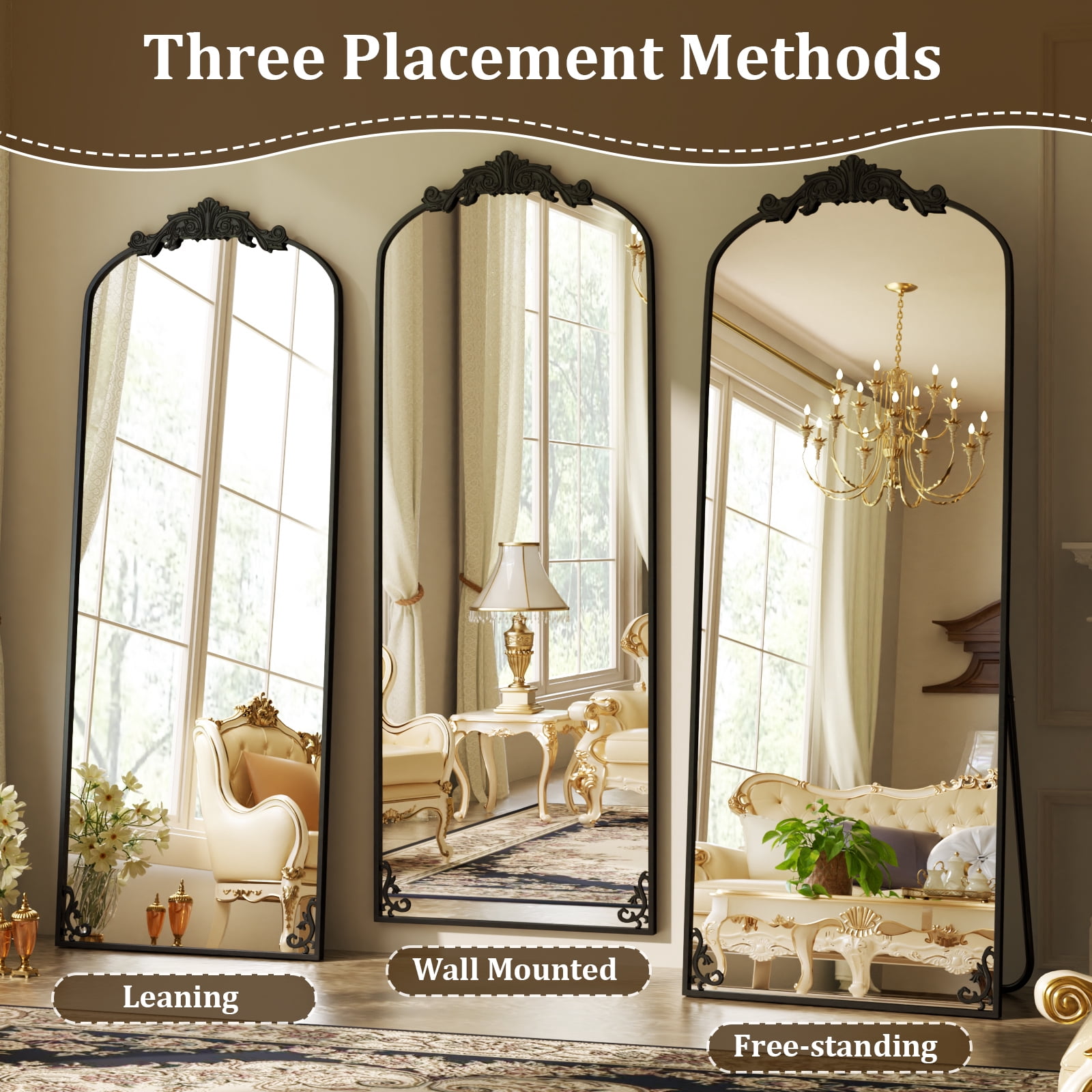 Easy4Home 66"x21" Vintage Arched Full Length Mirror Standing Floor Mirror with Baroque Style Carving Metal Frame, Black