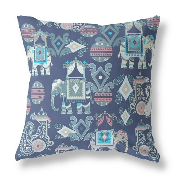 Elephant Howdah Faux Suede Fabric Throw Pillow in Blue and Gray 18x18