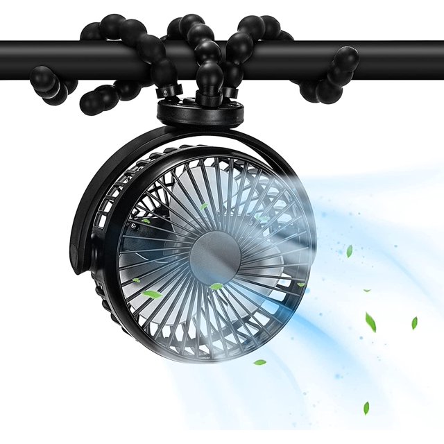 Ventilador para cochecito (negro), ventilador de refrigeración con clip, ventilador personal con batería portátil de 5200 mAh, adecuado para accesorios para cochecito, pedal para cochecito, esencial para viajes y vacaciones JM