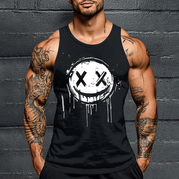 Zylanna Men's Sleeveless Muscle Shirt, Crew Neck Quick-Dry Moisture-Wicking Cool Print Gym wear Tank Tops for Sport Black