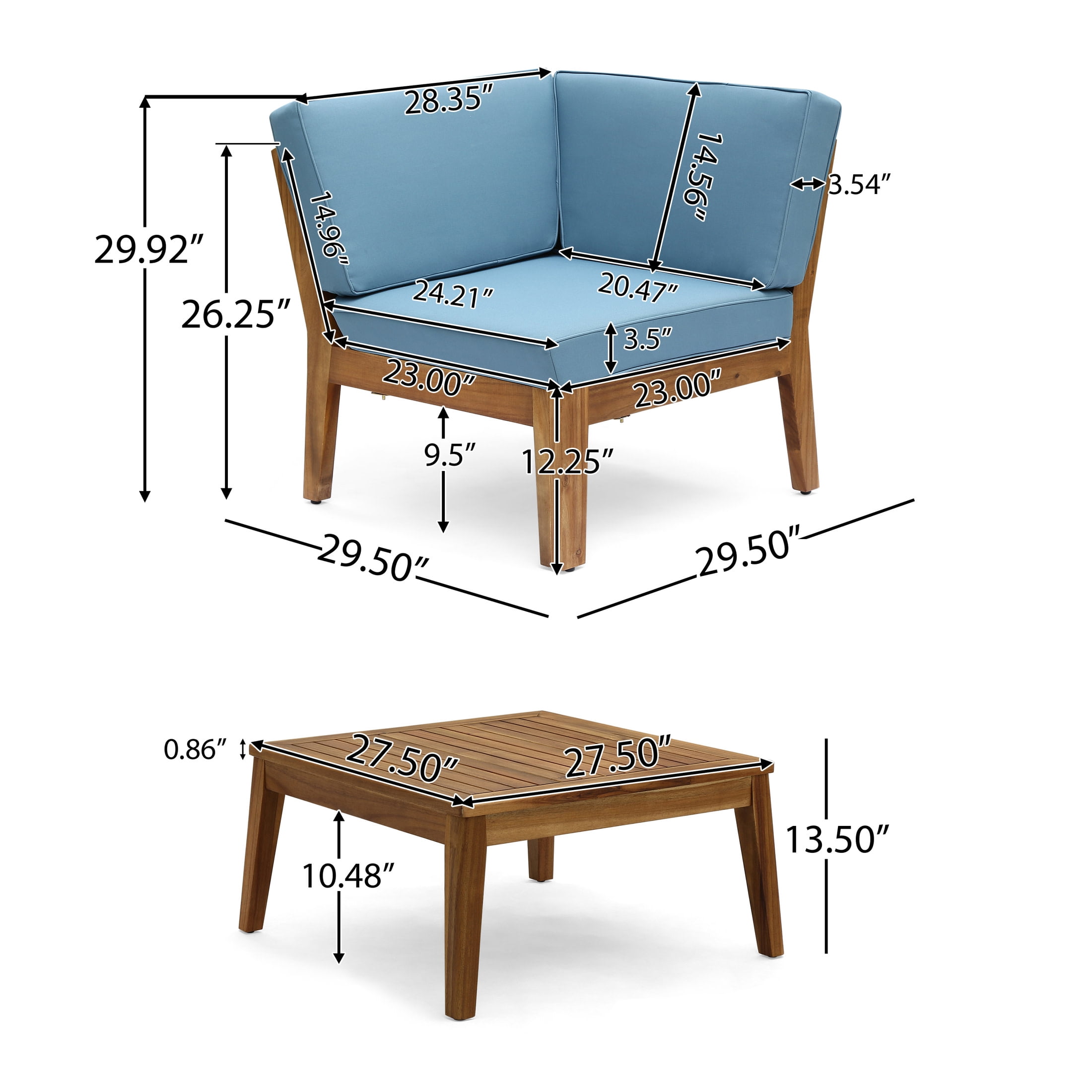 Christopher Knight Home 6-Piece Acacia Wood Outdoor Sectional Sofa Set with Patio Coffee Table, Blue Cushion