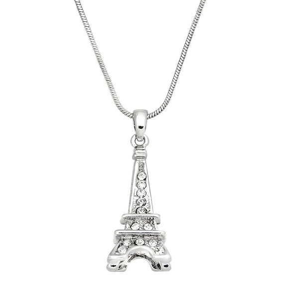 Eiffel Tower Pendant Necklace Rhinestone Crystal Rhodium Plated 17 Inch Snake Chain J0458
