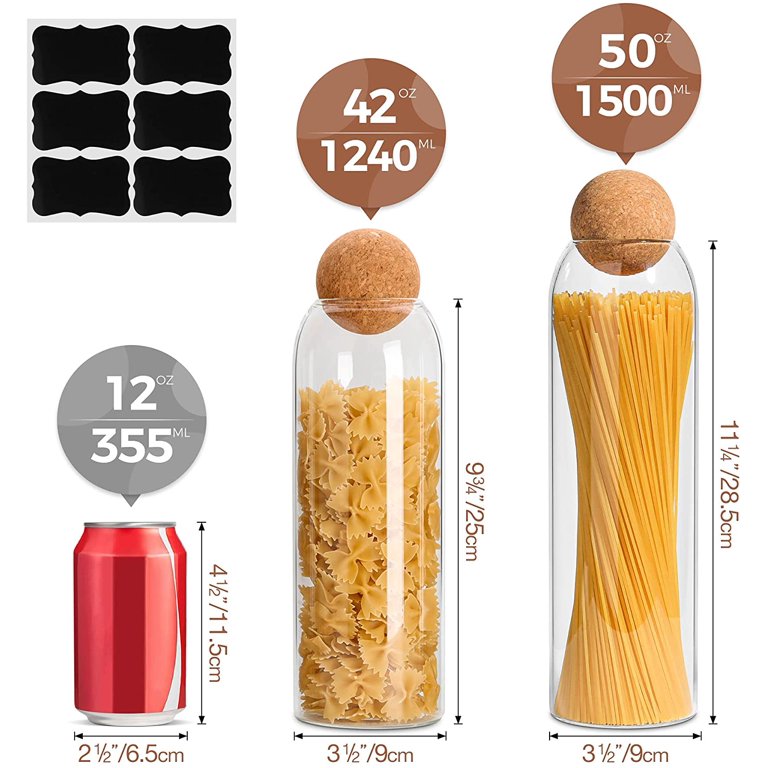 JLMMEN STORE Glass Food Storage Canister with Ball Cork Lid(42oz/50oz),  Clear Tall Spaghetti Container with Round Cork Stopper for Kitchen Pantry  Storage Serving Pasta Tea Coffee Beans Cereal 