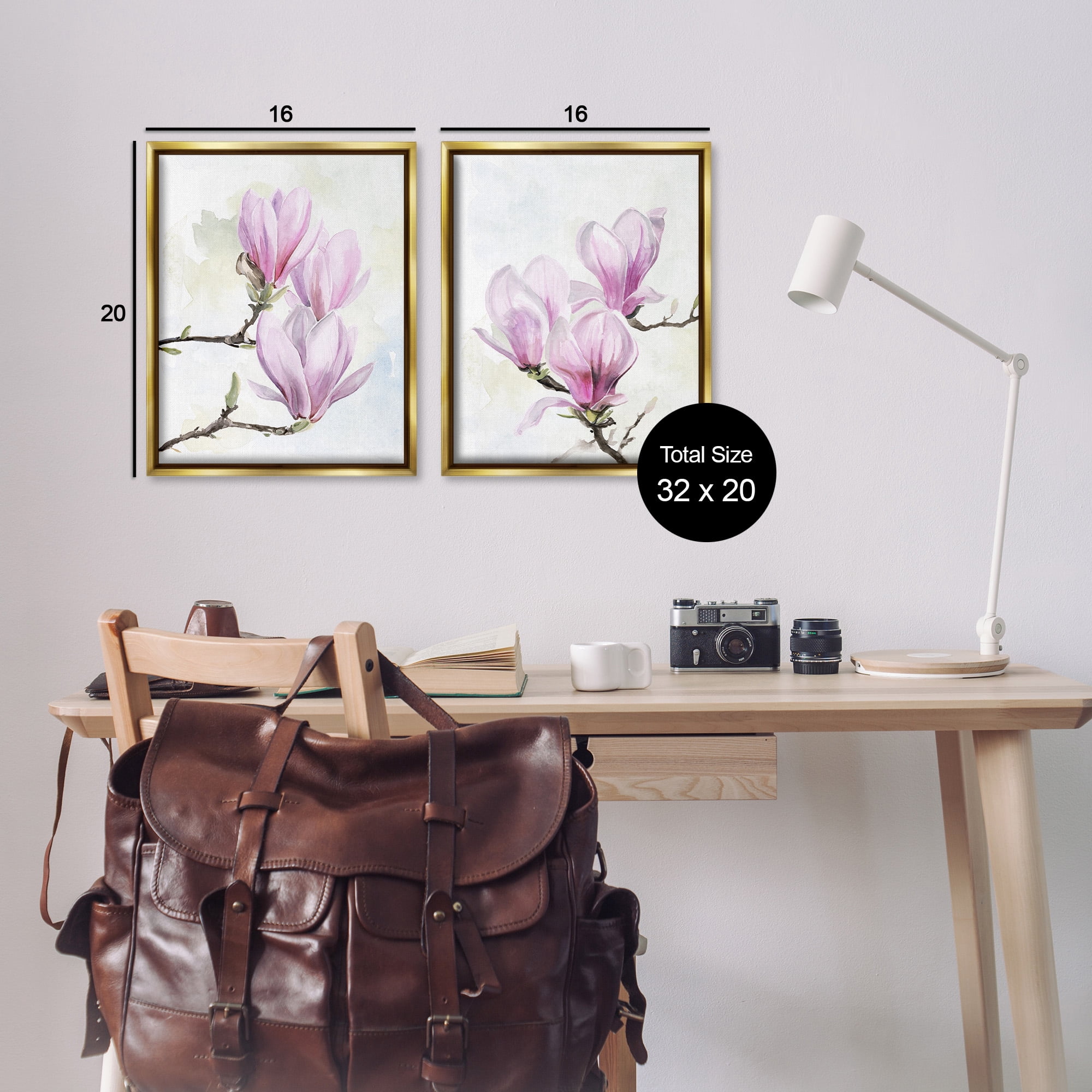 Stupell Industries Pink Magnolia Flower Blossoms Botanical & Floral Painting Gold Floater Framed Canvas Art Print Wall Art, 17 x 21, Set of 2