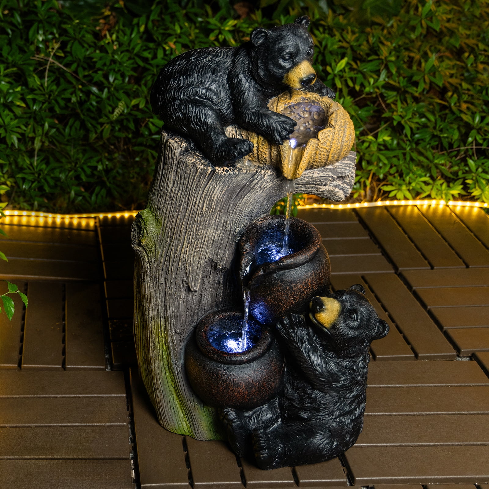 Animal Decor Water Fountain, Bear Shape LED Cascading Water Ornament for Patio Balcony Garden, Brown Grey