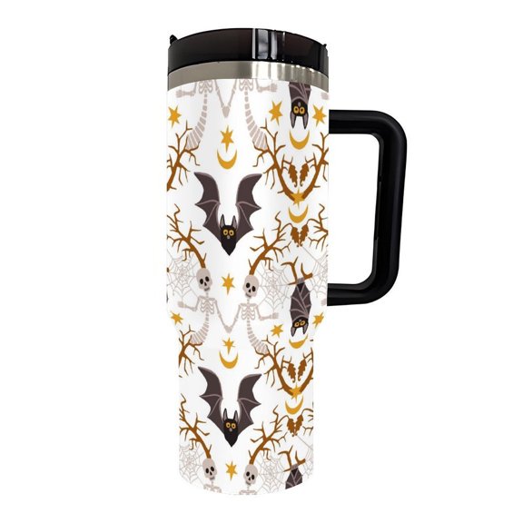 Halloween Tumbler 40 oz, Black Bat Stainless Steel Insulated Water Bottle with Handle and Straw, Keeps Drinks Cold, Gifts for Women