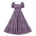 thumbnail image 4 of ClodeEU Women's Square Neck Puff Short Sleeve Smocked High Waist Tiered Ruffle Maxi Dress,Summer Flowy Casual Textured Dress Purple^,Women's Plus XXL, 4 of 7