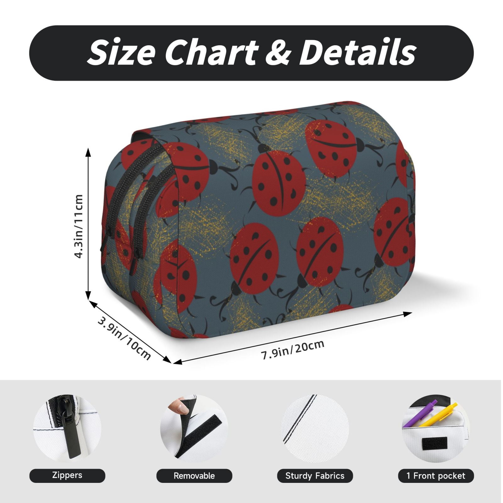 Rateoe Ladybug Pattern Double Clamshell Pen Case, Storage Organizer with Two Zipper Compartments– Holds Up to 50 Pencils & Pens