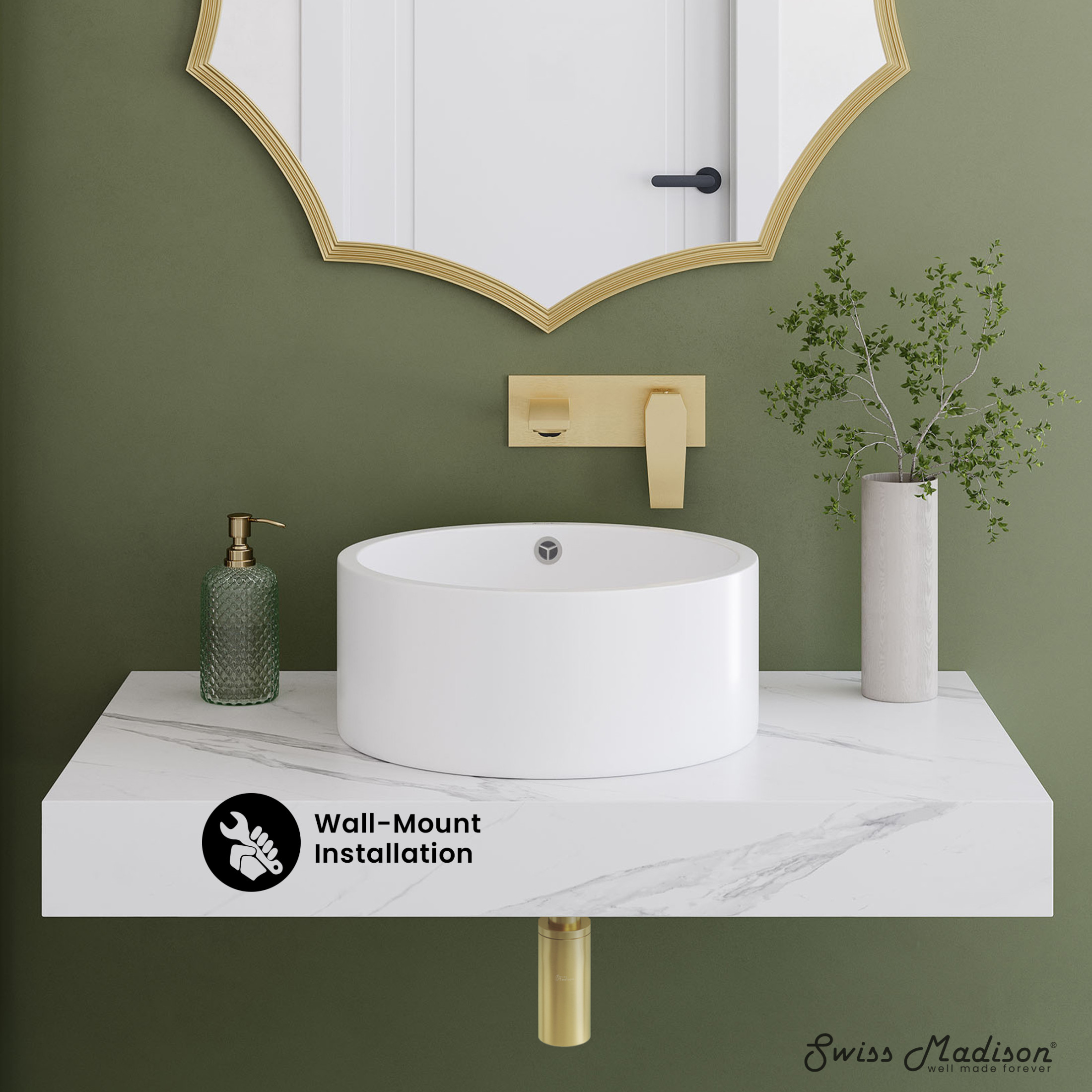 Monaco 36" Floating Bathroom Shelf with Vessel Sink in White Marble