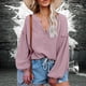 thumbnail image 3 of Mujeres V cuello globo manga camisa suelta casual profundo V cuello solo pecho linterna manga larga algodón camisa pullover top, 3 of 6