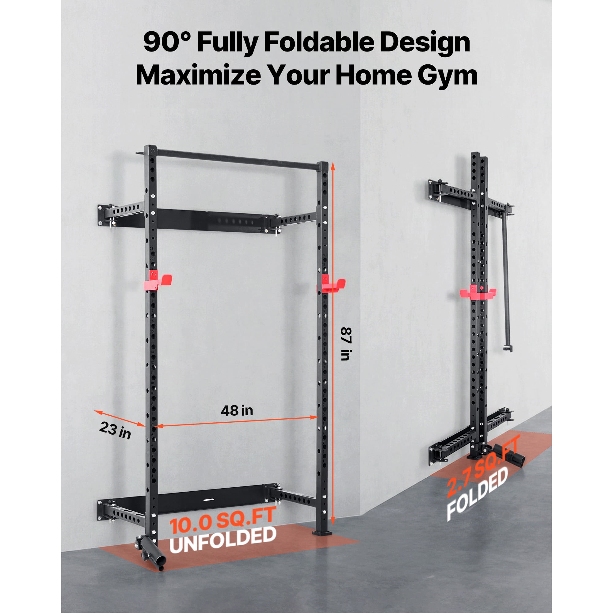 KFFKFF Folding Wall-Mounted Power Cage, Multifunctional Squat Rack for Strength Training, Home Gym Equipment with Adjustable J-Hooks, Pull-Up Bar, Landmine Holder, and 1000LBS Weight Capacity