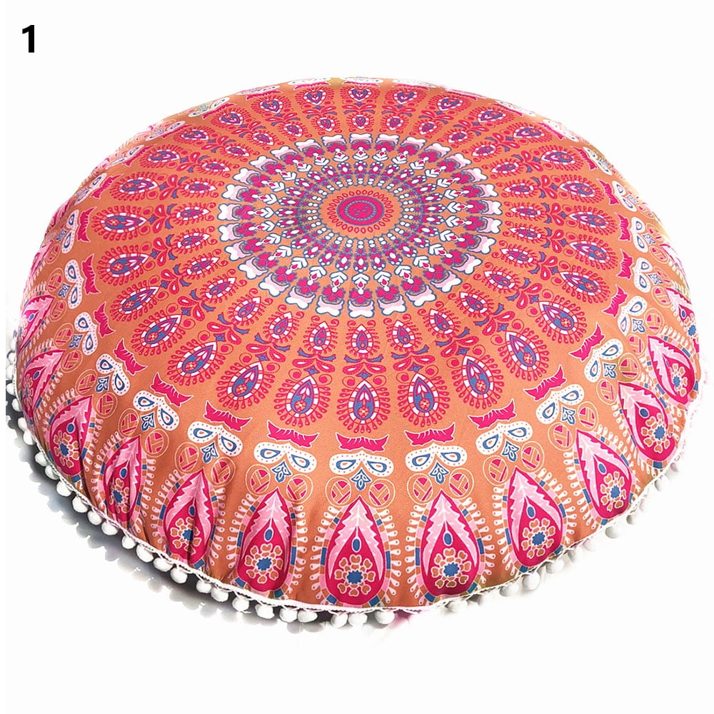 18" Round Pillow Cover, Decorative Mandala Pillow Sham, Indian Bohemian Ottoman Poufs, Pom Pom