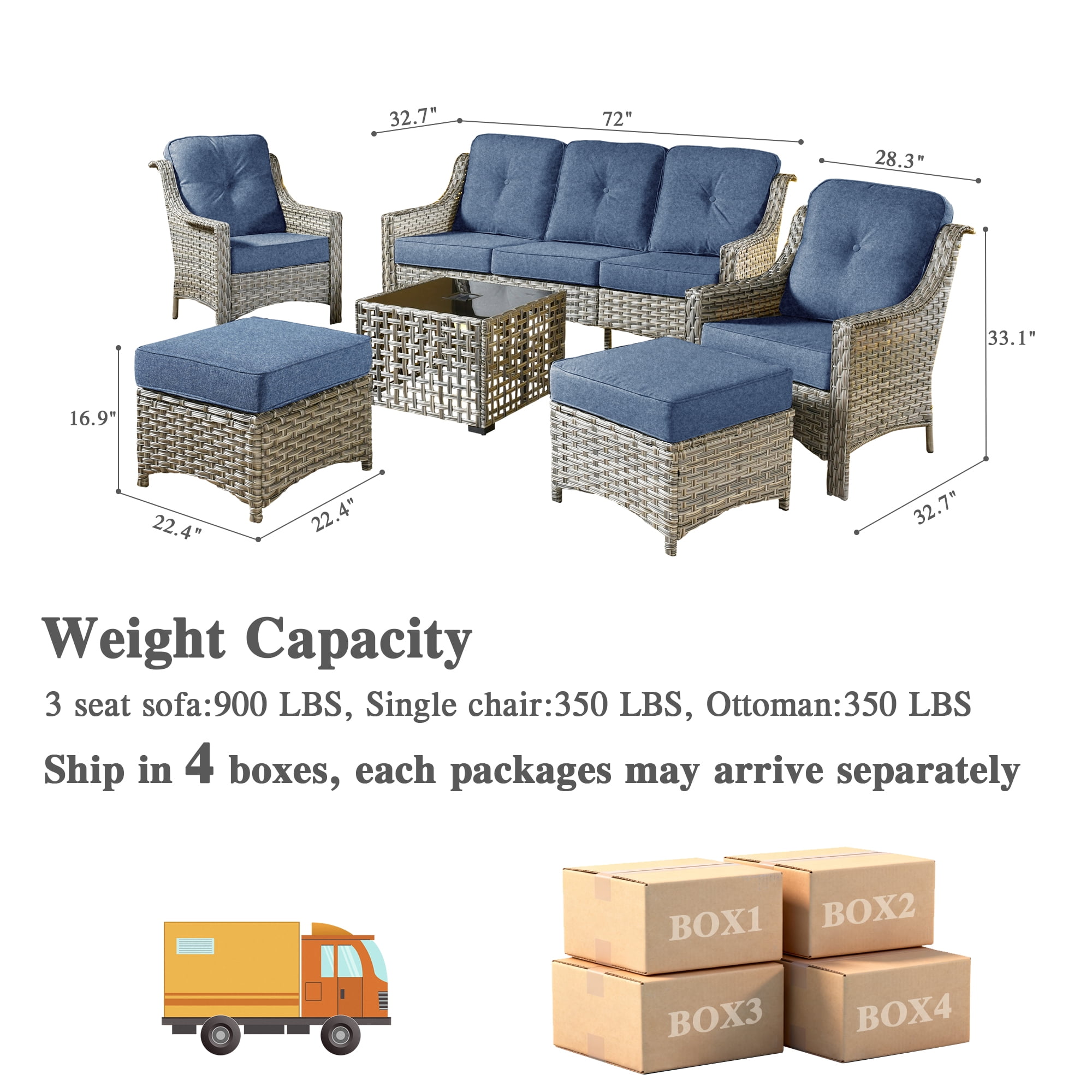 Ovios 6 Pieces Outdoor Furniture Set High Back All-Weather Wicker Patio Conversation Set with Ottomans & Solar Light Coffee Table, Denim Blue