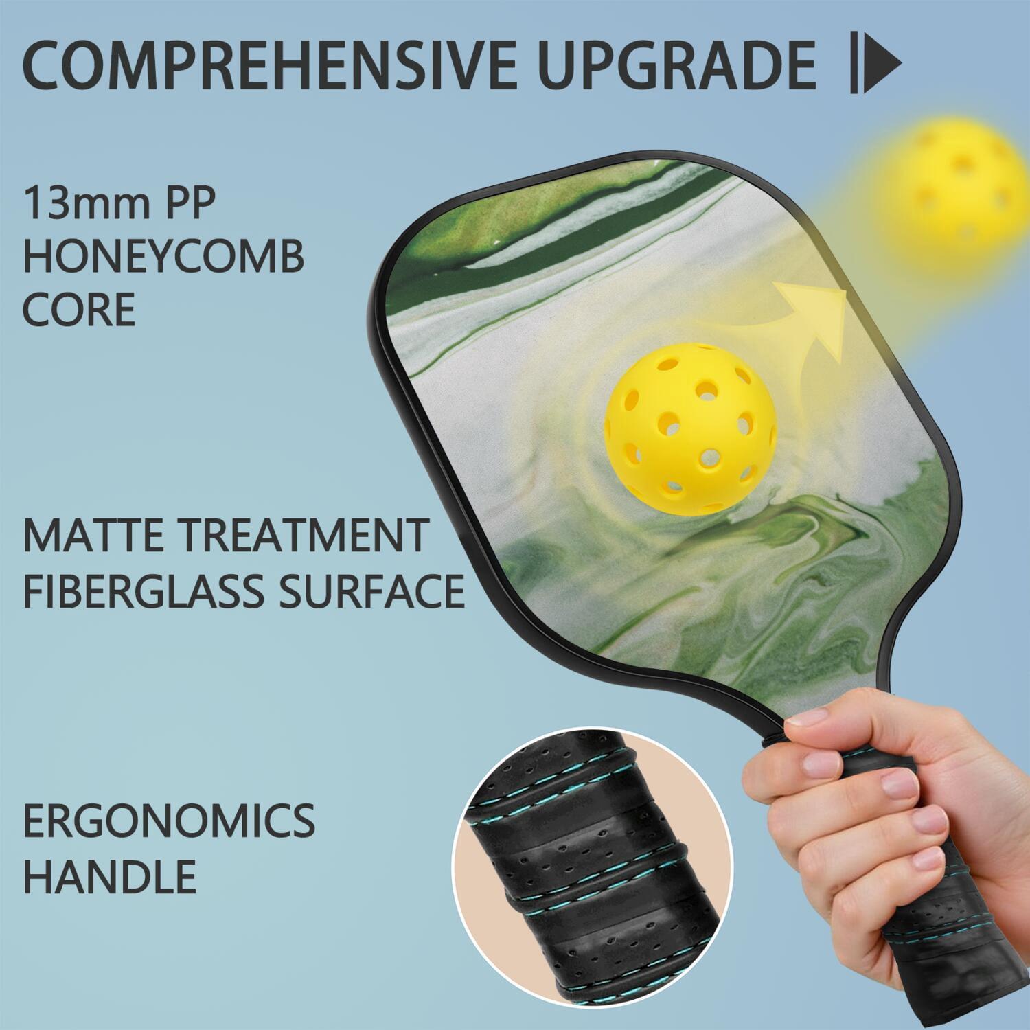 Pickleball Paddles Set Of 2, Fiberglass Surface, Turquoise Marble Pattern, 4 Balls & Bag