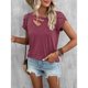 thumbnail image 3 of Top de manga de pétalo para mujer, camiseta básica informal con cuello en V, Color liso, elegante, holgada, de verano, rojo, morado, XL, 3 of 7
