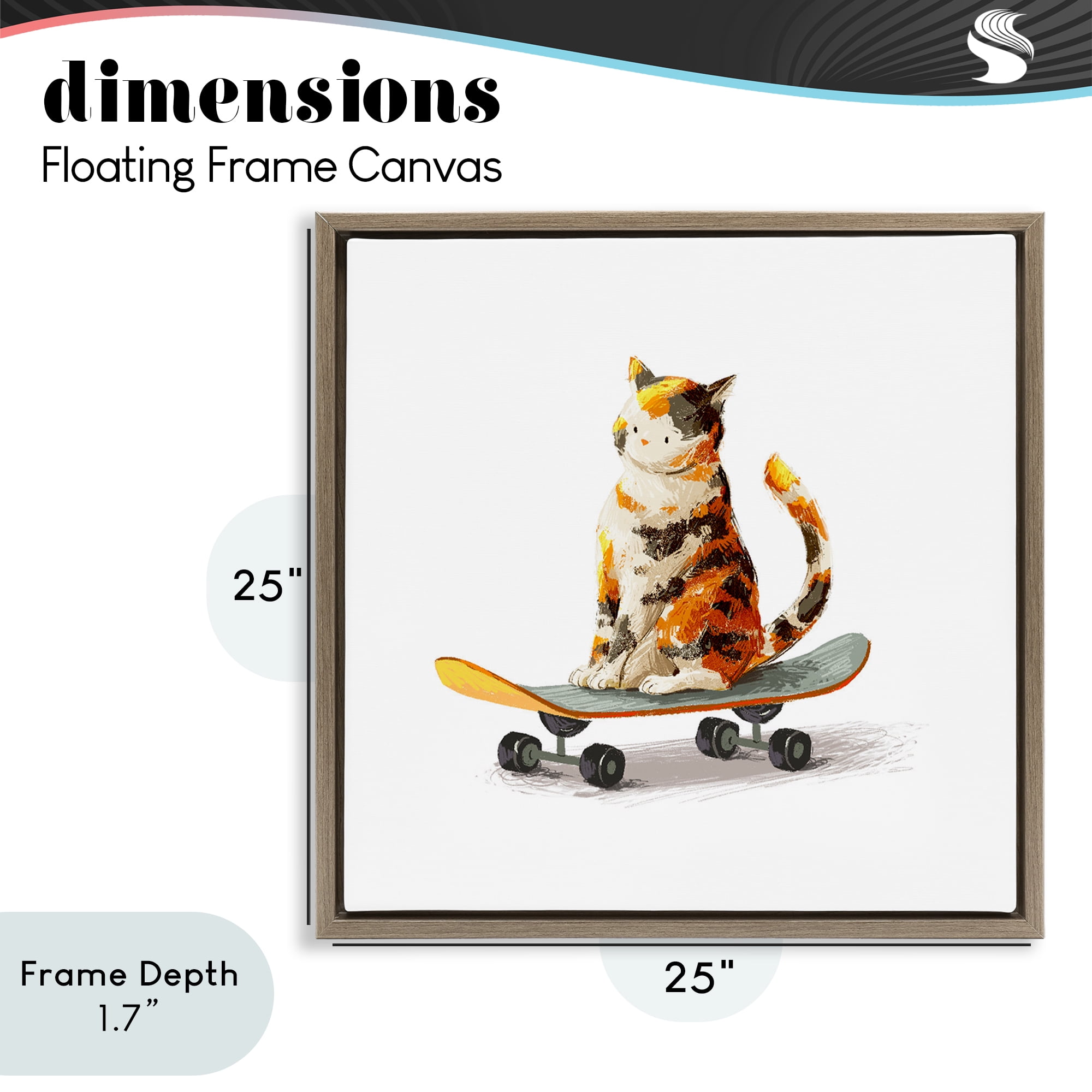 Stupell Industries Calico Cat on Skateboard Brown Framed Floater Canvas Wall Art, design by Ziwei Li