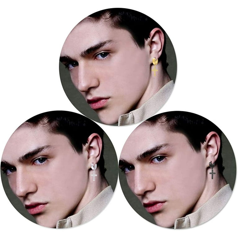 3 Pairs of Cross Earrings Dangle Hinged Men Earrings Stainless