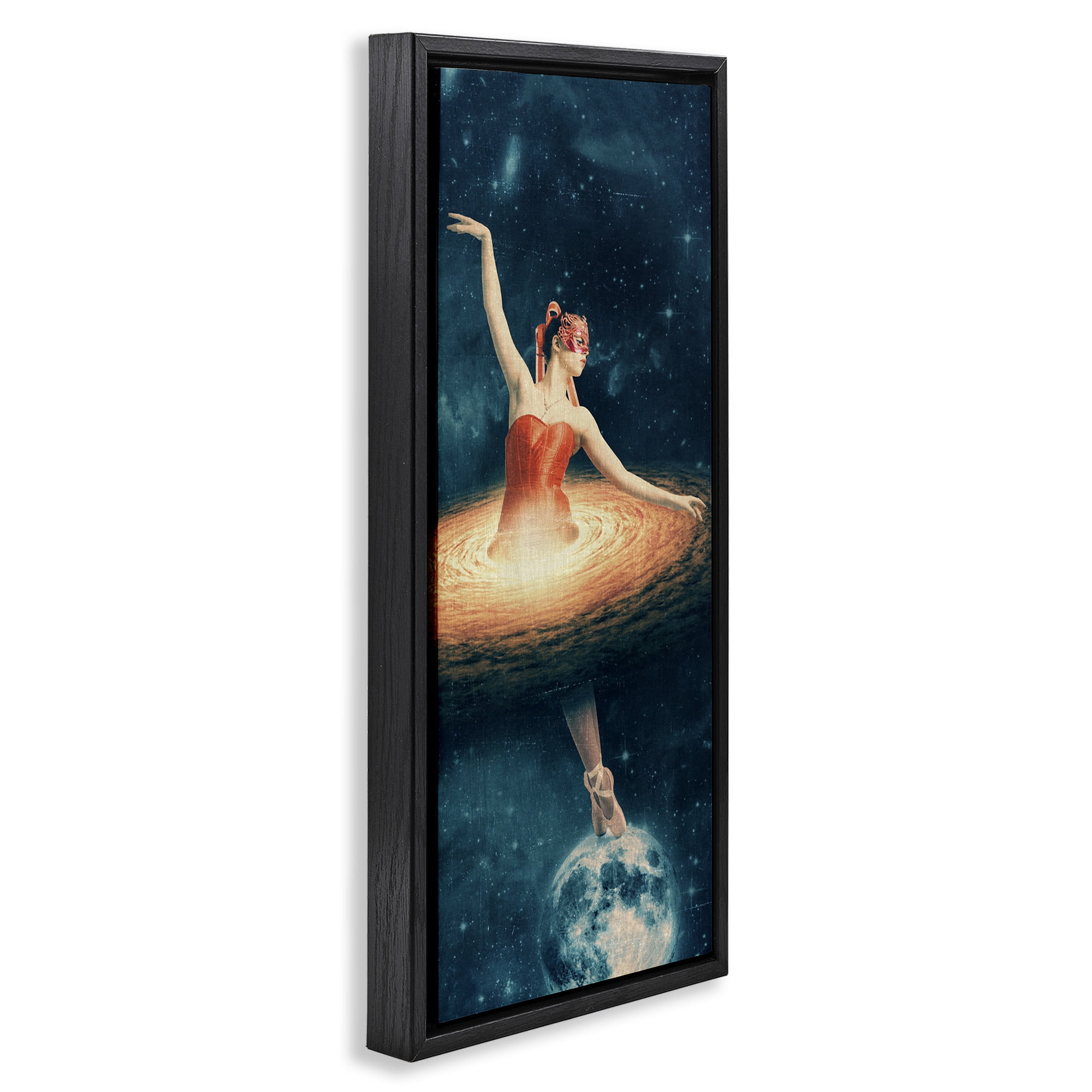 Stupell Industries Dancing Ballerina Surreal Nebula Dress Abstract Painting Black Floater Framed Canvas Art Print Wall Art, 11 x 25