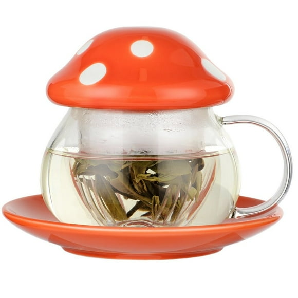 Mushroom Tea Cup, Glass and Ceramic Mushroom Mug, Adorable Mushroom Cup with Filter and Coaster, Mushroom Coffee Teapot with Lid, 290ml/9.6oz (Orange)