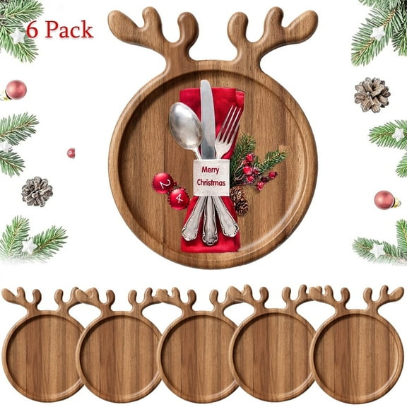 Yucurem 6pcs Charcuterie Dessert Board Antler-Shaped Appetizer Platter Christmas Wood Dinner Tray Dessert Snacks Tray for Restaurant Home, Large Size
