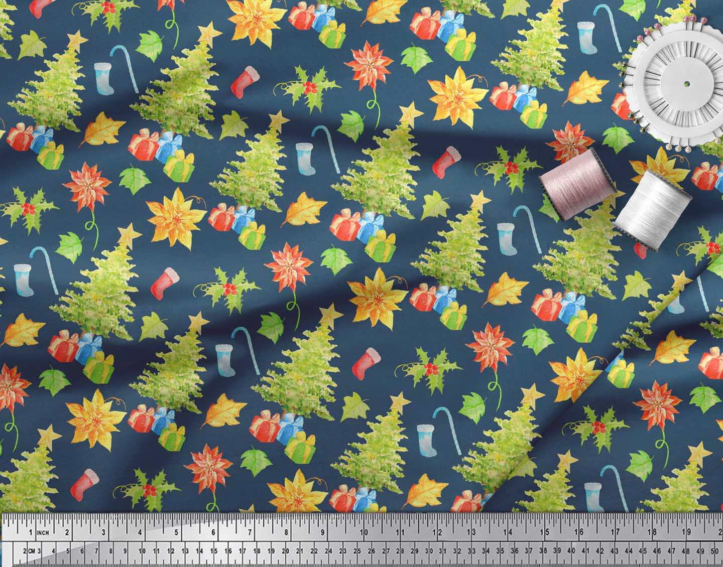 Soimoi Blue polyester Crepe Fabric Gifts & Christmas Tree Fabric Prints By Yard 42 Inch Wide