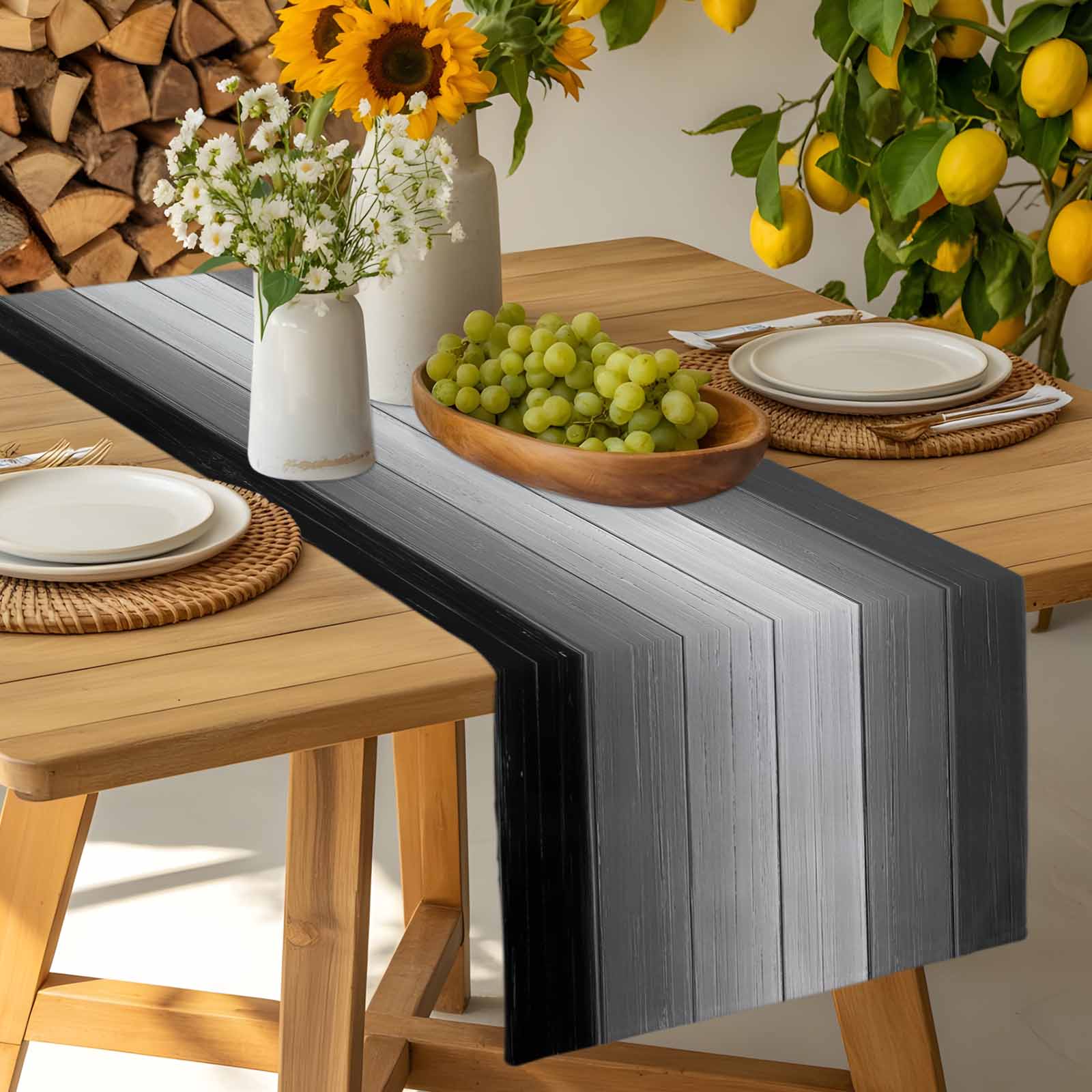 Black Gray Ombre Cotton Linen Table Runner for Dining Kitchen, Vintage Country Wooden Wedding Outdoor Party Tablerunners Decoration, Dresser Scarf Coffee Tablecloth Runners 13x72 Inches