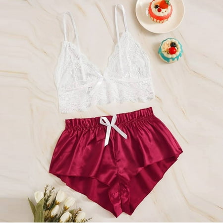 

Womens Satin Pajamas Set Lingerie Soft Cami Crop Top and Shorts Lounge 2 Piece Sleepwear