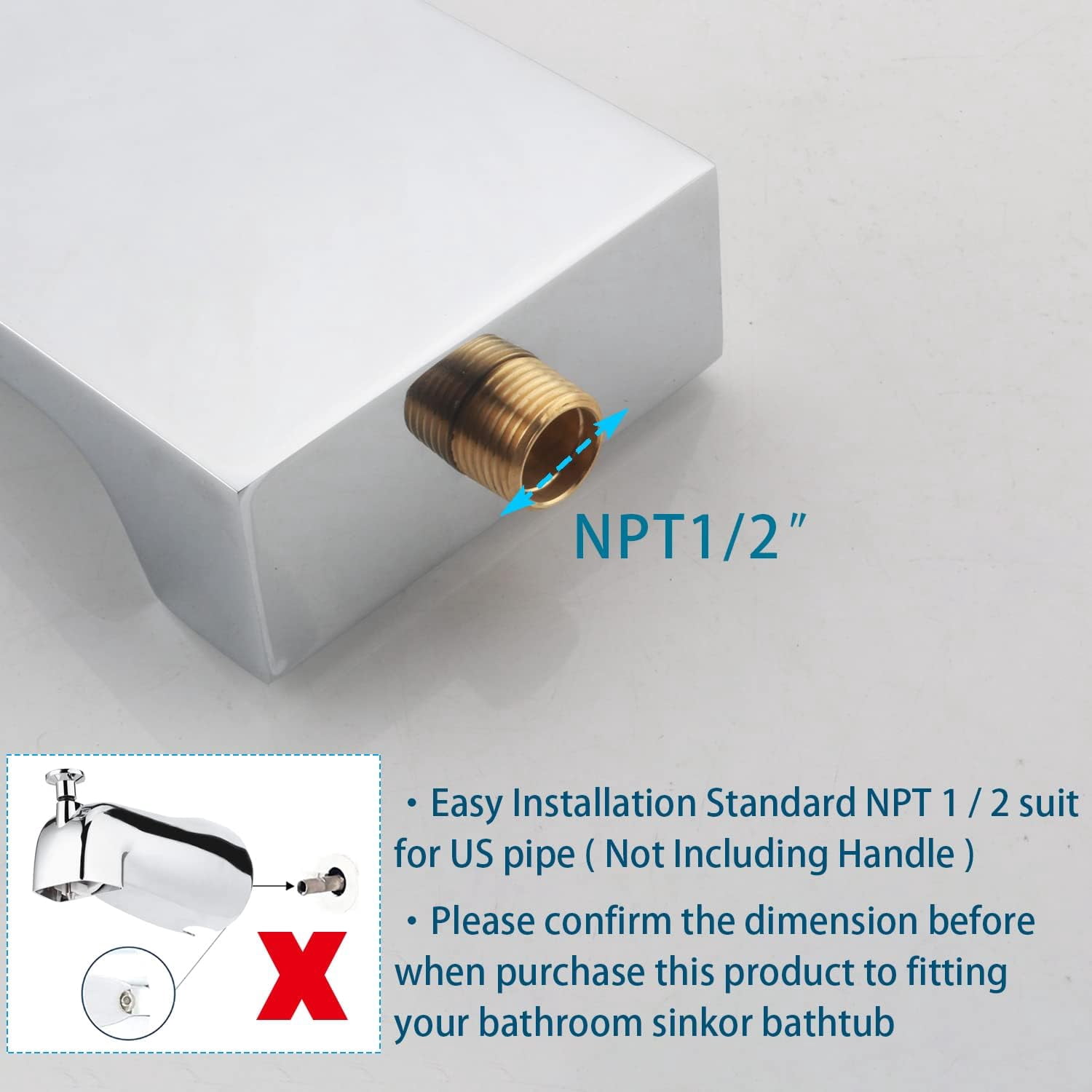 ABCISI Waterfall Tub Spout, Wall Mount Waterfall Bathroom Bathtub Tub Faucet Replacement, Roman Tub Filler Faucet Stainless Steel Solid Bath Tub Sprayer, High Flow Shower Spout, Chrome