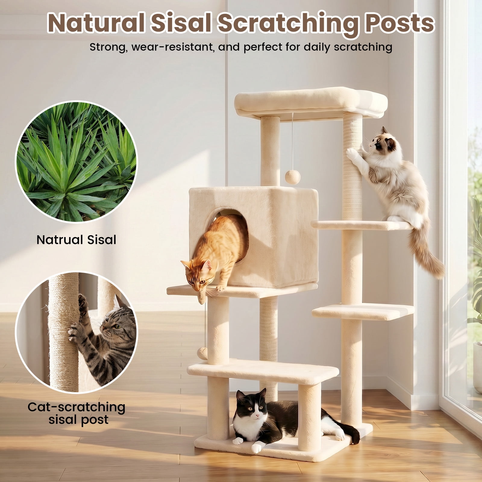 Sturdy 40-inch Cat Tree Tower with Cat Cave & Ramp Steps - Multi-Level Play & Sleep Center for Large Indoor Cats, Beige