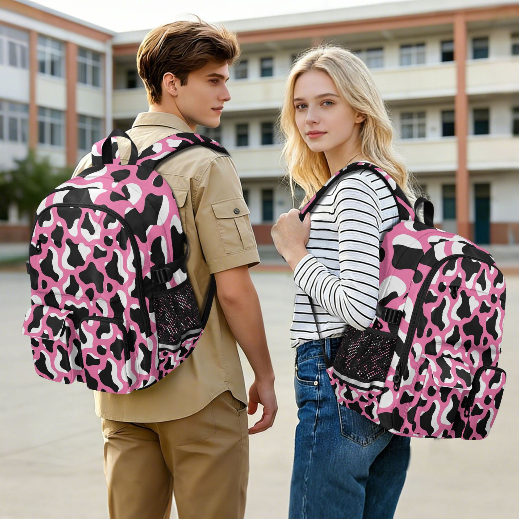 DIXRUYEE Pink Background Cow Print Pattern Backpack for School 14”Laptop Compatible with Reflective Safety Strips