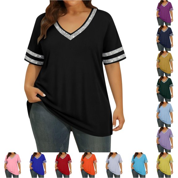 WERYOUNG Women's T Shirts Fashionable Casual Patchwork Tees Short Sleeved V Neck T-Shirts Trendy Tops XXL