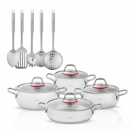 

Karaca Stainless Steel 13-Piece Pot Set and Serving Set Nonstick Cookware 4 Pots with Glass Lids and 5 pcs Utensils Set for Serving Cooking Spoons Kitchen Essentials Set