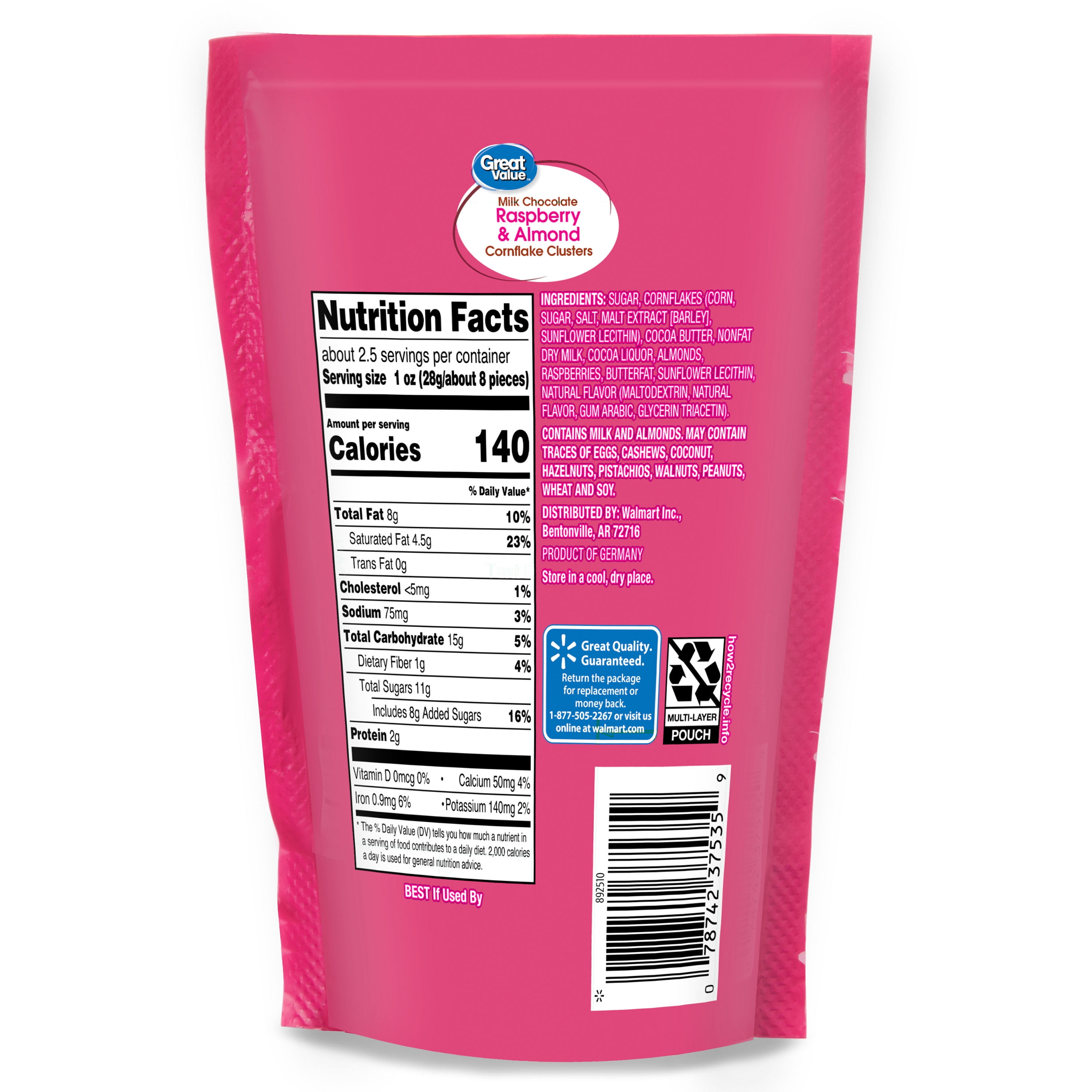 Great Value Milk Chocolate Raspberry & Almond Cornflake Clusters, 2.65 oz
