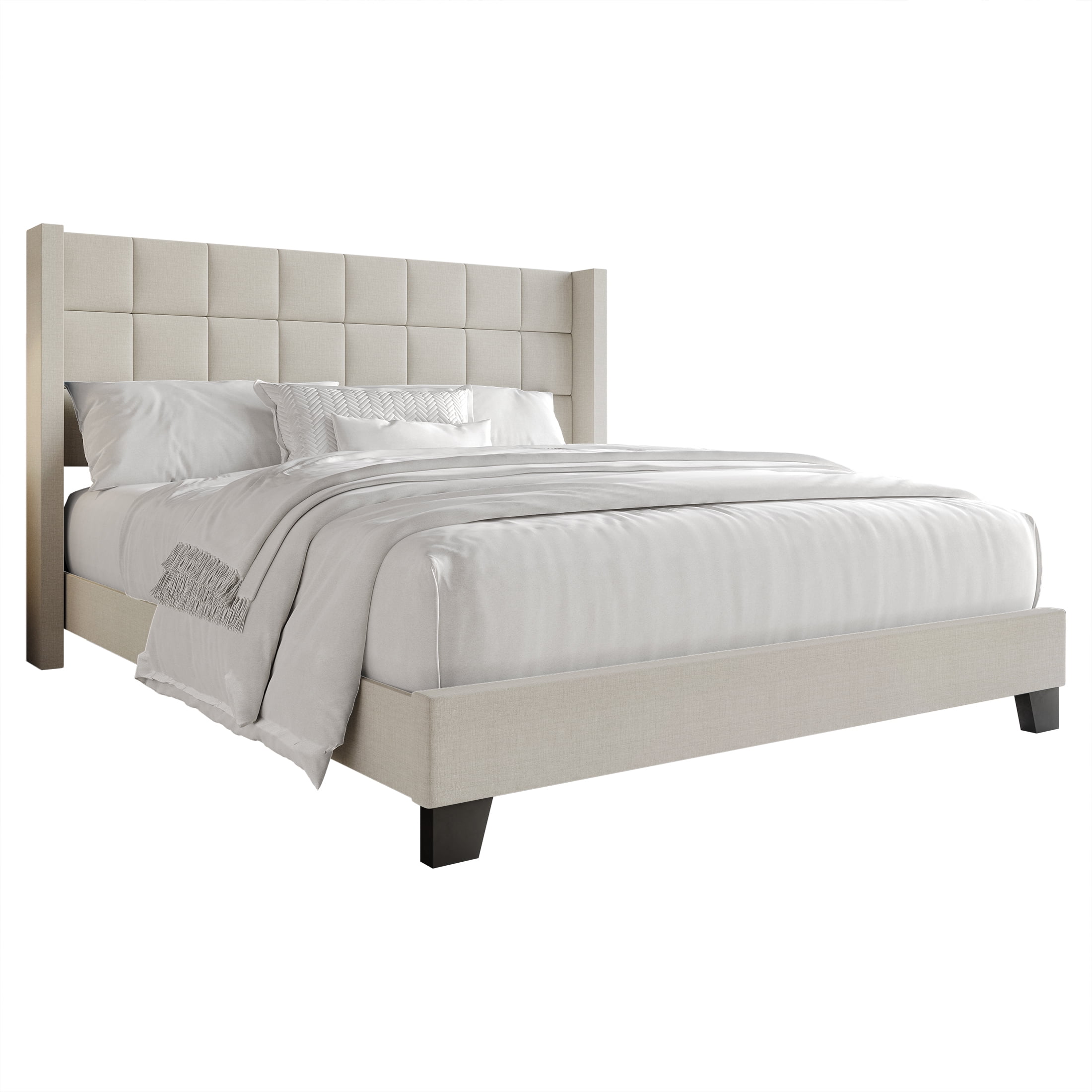 Castle Place Elegant Wingback Linen Upholstered Full Bed, Warm Grey