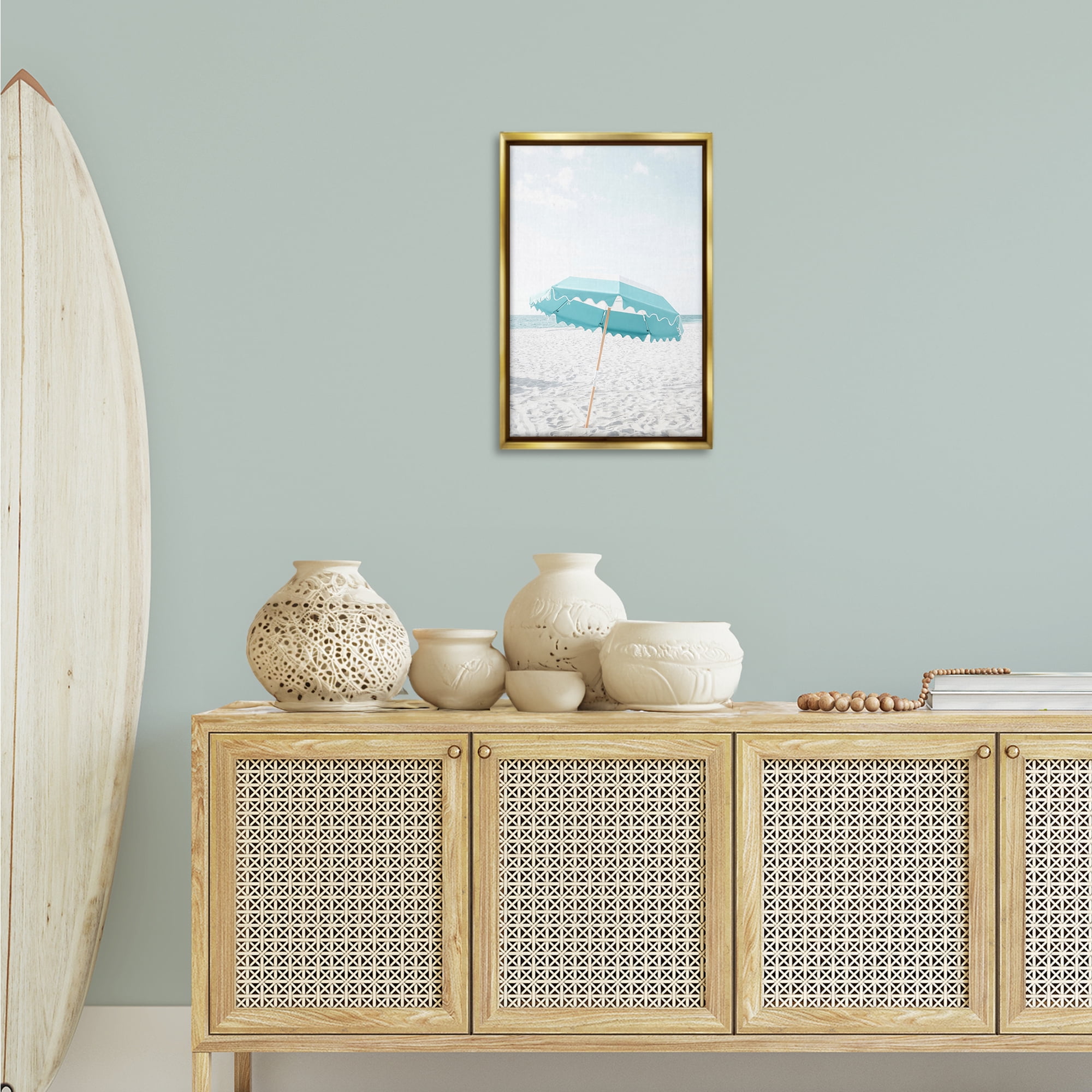 Stupell Industries Lone Blue Beach Umbrella Nautical & Beach Photography Gold Floater Framed Canvas Art Print Wall Art, 17 x 25