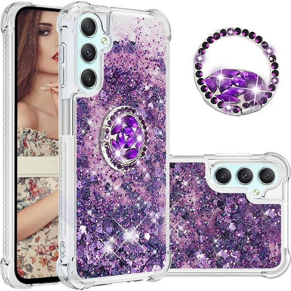 Glitter Clear Sparkly Bling Samsung Galaxy A24 4G Case for Women, Flowing Liquid Quicksand Cover with Diamond Ring Holder Case for Samsung Galaxy A24 4G Purple