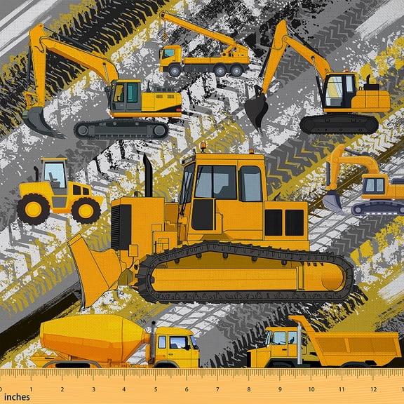 Manfei Construction Vehicles Sewing & Crafting Fabric (3 Yards) for Kids Boys, Cartoon Truck Home Decor Fabric by the Yard, Tractor Bulldozer Fabric by the Yard