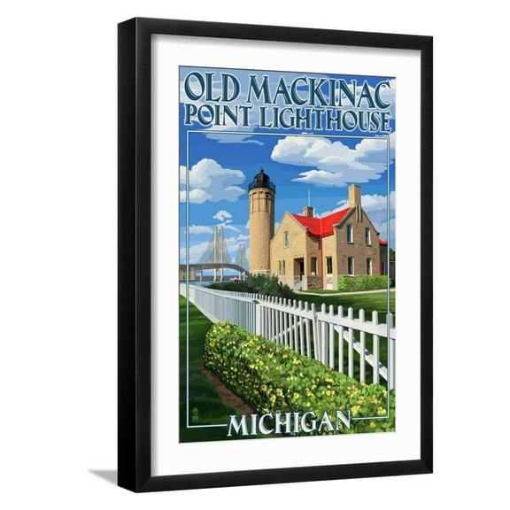 Art.com Mackinac Island, Michigan - Old Mackinac Lighthouse Art Print by Lantern Press, Black Frame Wall Art, 17" x 23"
