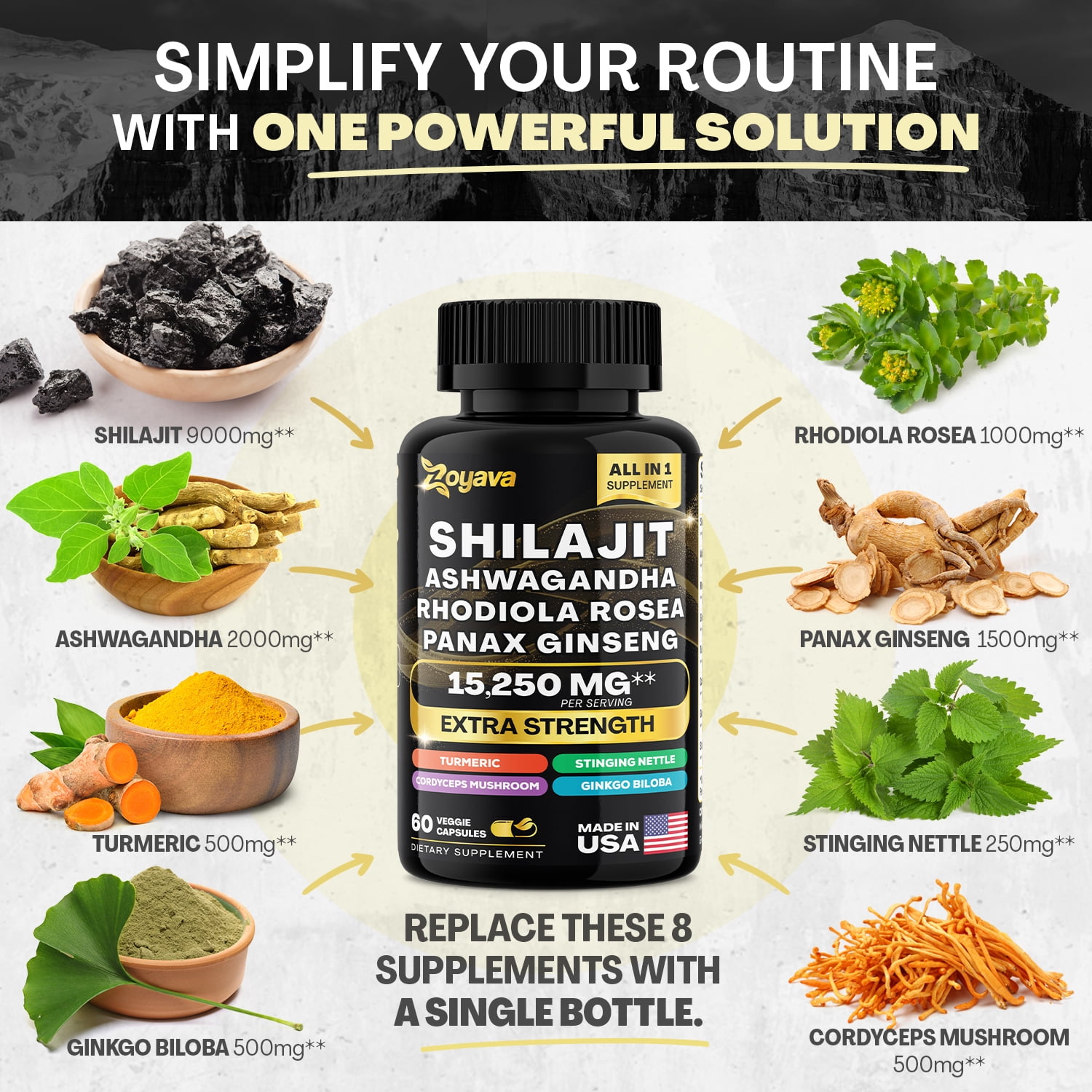Shilajit 9000 Panax Ginseng 1500MG Ashwagandha 2000MG Rhodiola Rosea 1000MG, Turmeric 500MG, Gingko Biloba 500MG, Stinging Nettle 250MG, Cordyceps Mushroom 500MG (60 Caps)