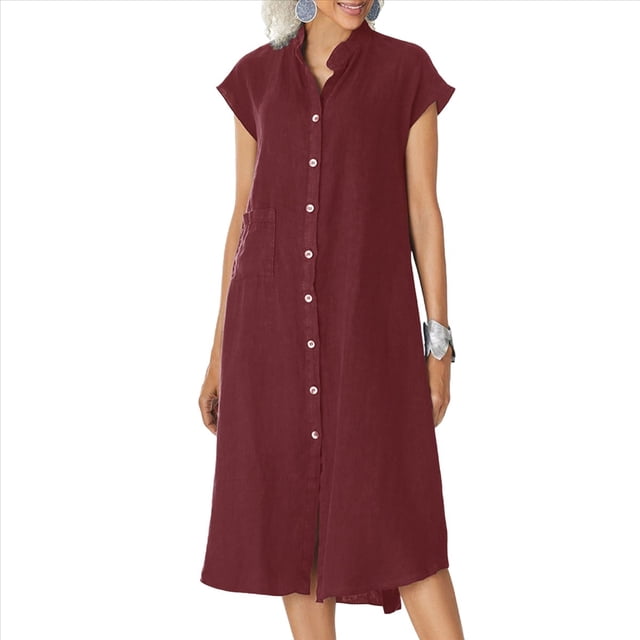 Cárdigan de Cuello Alto con Botonadura Sencilla de Algodón y , con Bolsillos y Enaguas de Talla Grande para Mujer. Vino Tinto M
