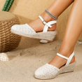 thumbnail image 3 of Womens Espadrilles Woven Closed Toe Wedge Sandals Classic Summer Cork Wedges Heels with Ankle Strap Thick Sole Dressy Beach Shoes White Size 8.5, 3 of 8